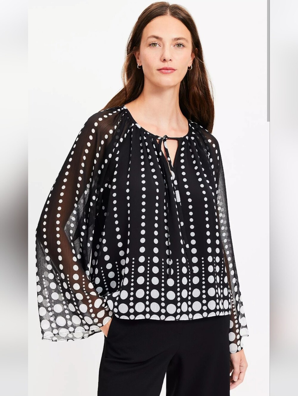 LOFT Black and White Polka Dot Tie-Neck Blouse